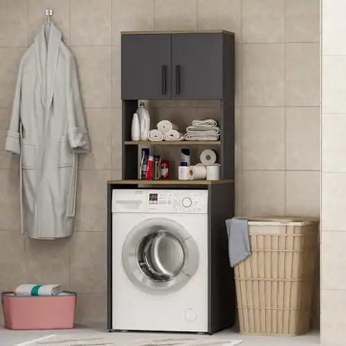 cassettone per lavatrice con ante e scaffali da bagno
