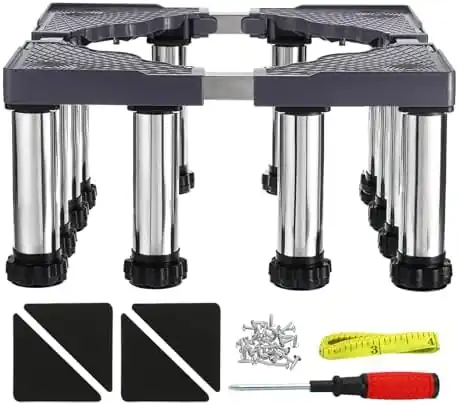 laundry basket with adjustable base and anti-vibration system for washing machines up to 12 feet long