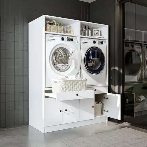 washings machine cabinet with pull out plate per storage room with white color and 2 cabinets height of 184 cm