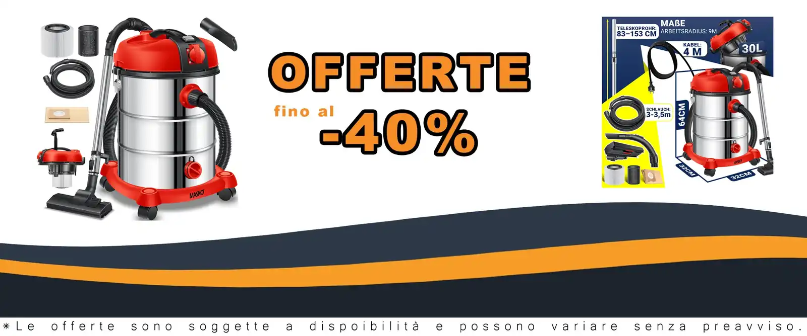 Aspirapolvere industriale Masko® 2300 W, acciaio inossidabile, rosso